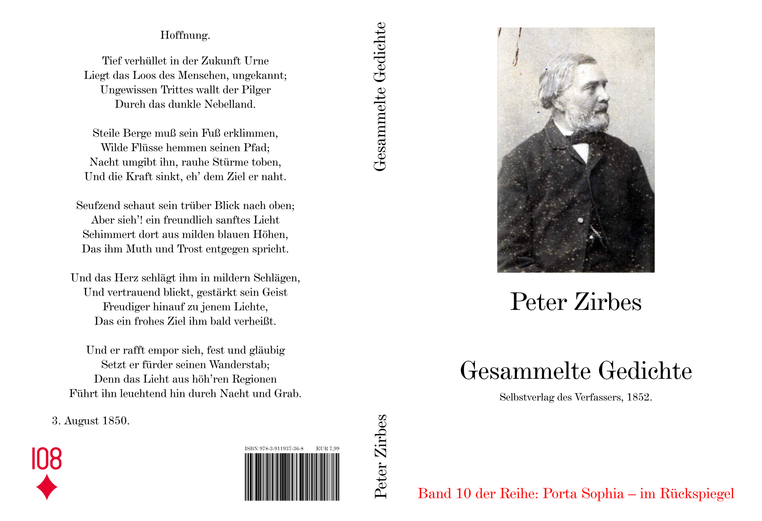 Cover, Rücken und Rückseite des E-Books "Gesammelte Gedichte von Peter Zirbes" aus dem Jahre 1852.